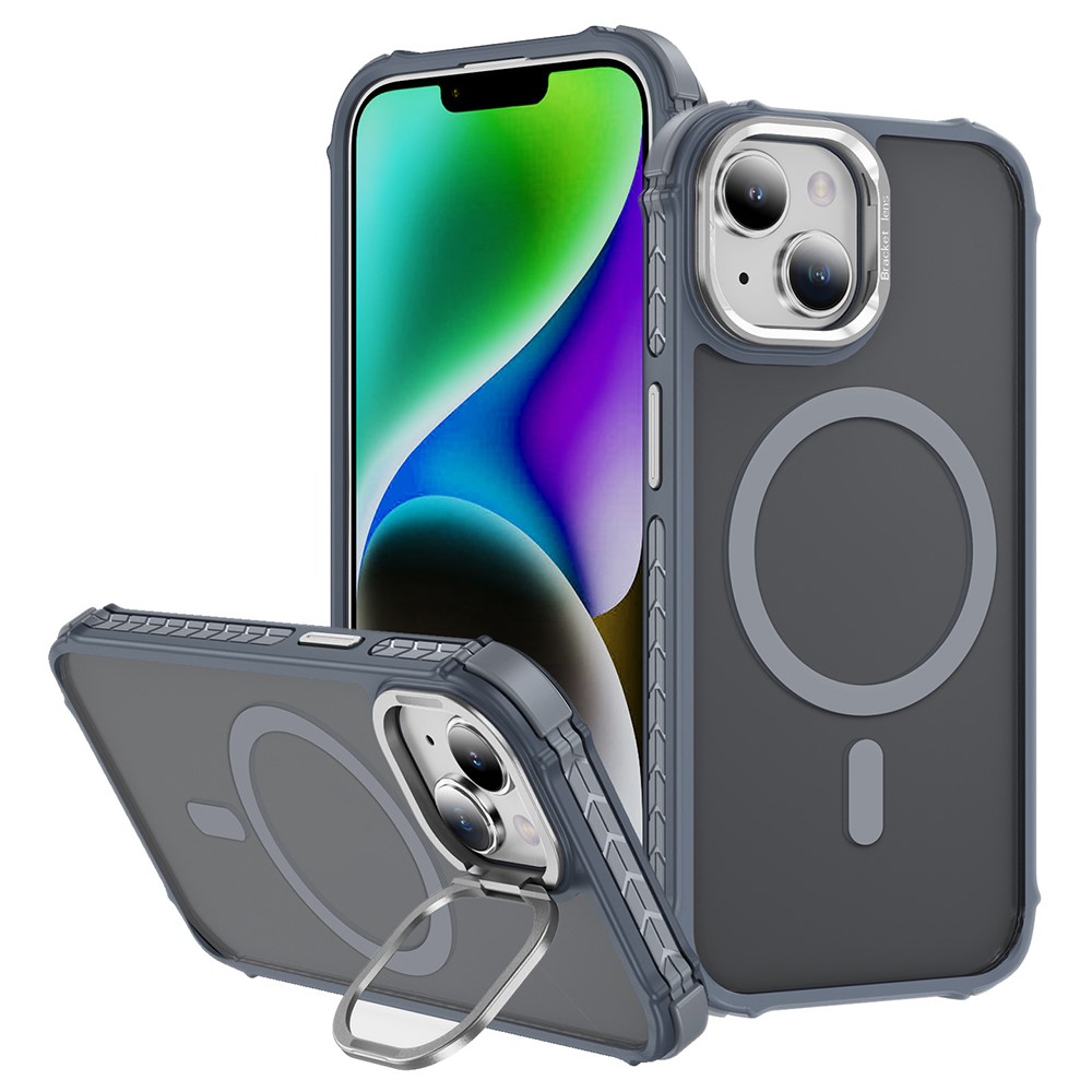 For iPhone 14 Case with Lens Kickstand Matte Back Cover Compatible with MagSafe - Grey
