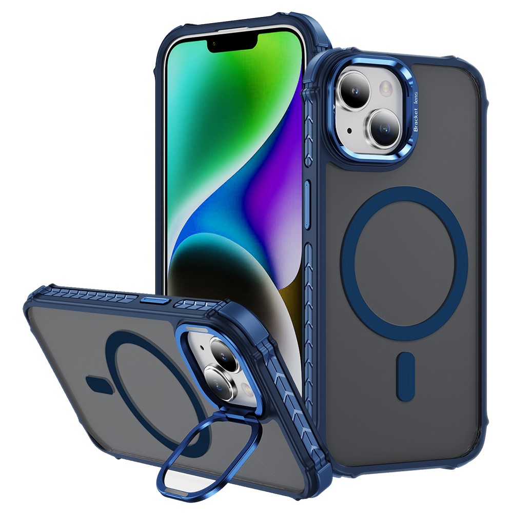 For iPhone 14 Case with Lens Kickstand Matte Back Cover Compatible with MagSafe - Blue