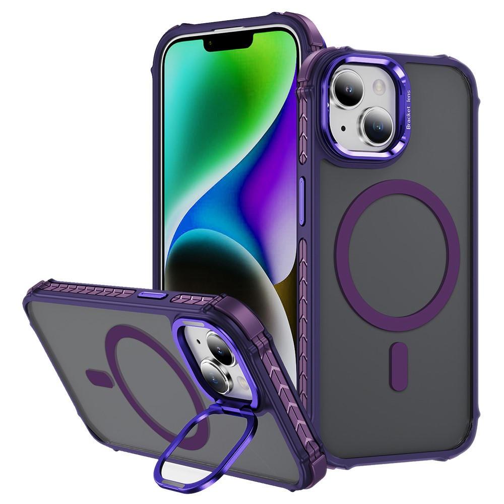 For iPhone 14 Case with Lens Kickstand Matte Back Cover Compatible with MagSafe - Purple
