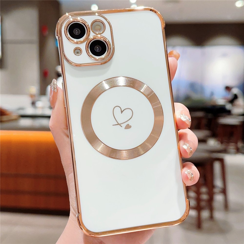 For iPhone 15 Case Compatible with MagSafe Electroplated TPU Phone Cover Hollow Love Hearts - Ivory White