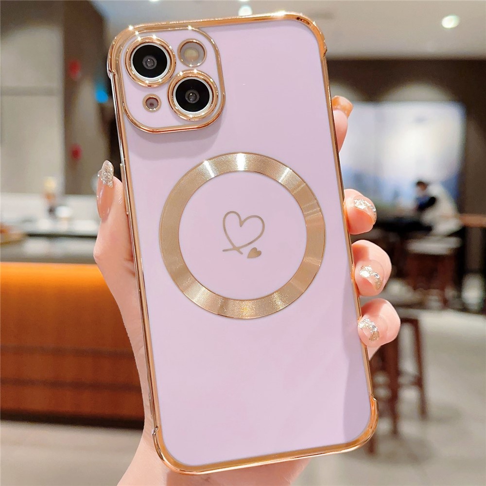 For iPhone 15 Case Compatible with MagSafe Electroplated TPU Phone Cover Hollow Love Hearts - Lavender Purple