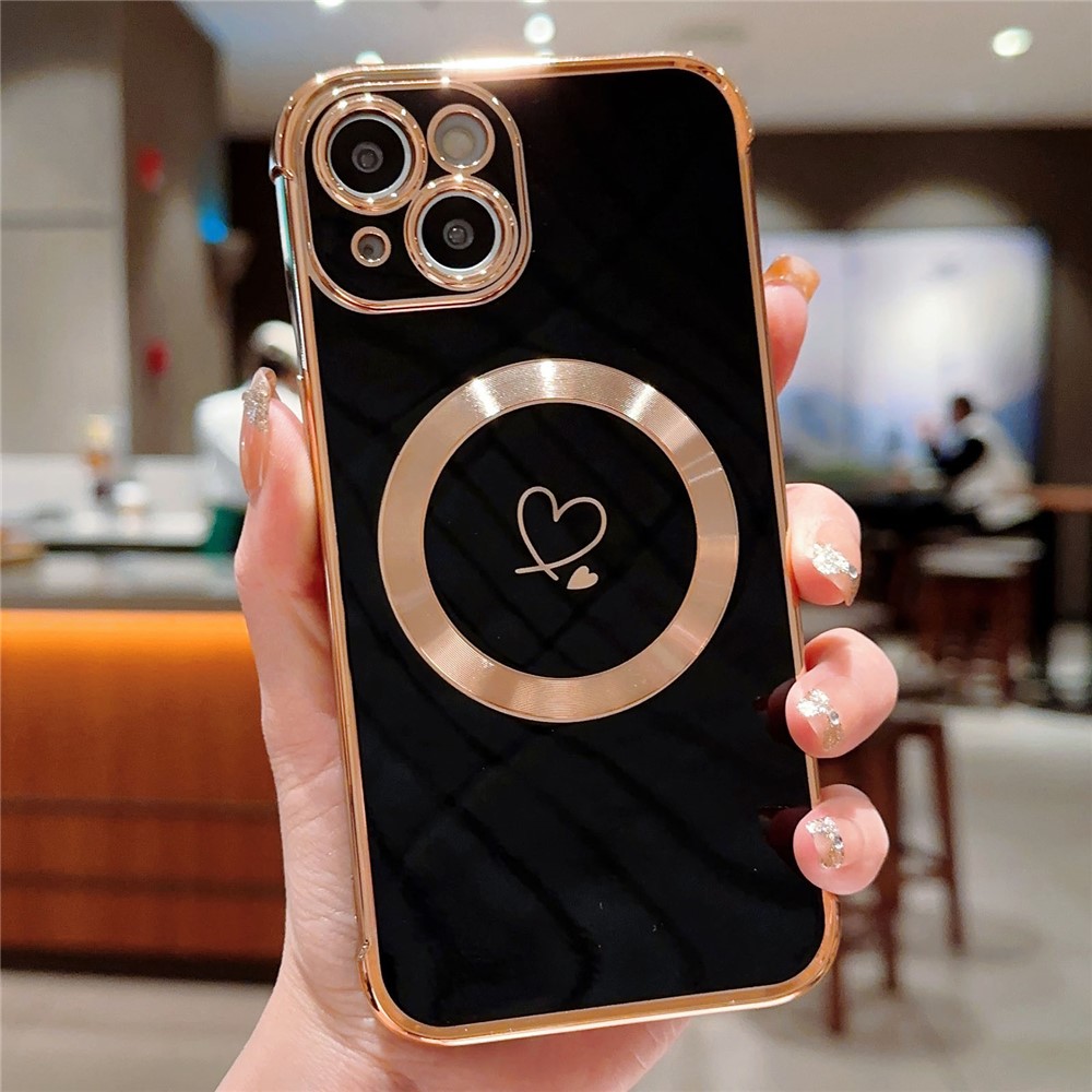 For iPhone 15 Case Compatible with MagSafe Electroplated TPU Phone Cover Hollow Love Hearts - Black