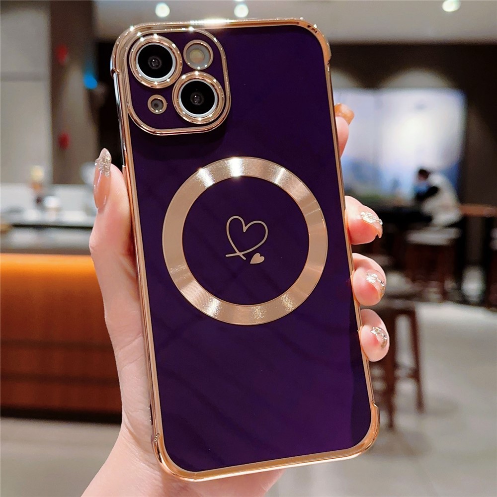 For iPhone 15 Plus Case Compatible with MagSafe Electroplated TPU Phone Cover Hollow Love Hearts - Dark Purple