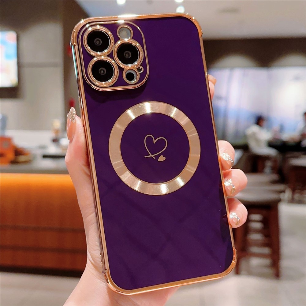 For iPhone 14 Pro Case Compatible with MagSafe Electroplated TPU Phone Cover Hollow Love Hearts - Dark Purple