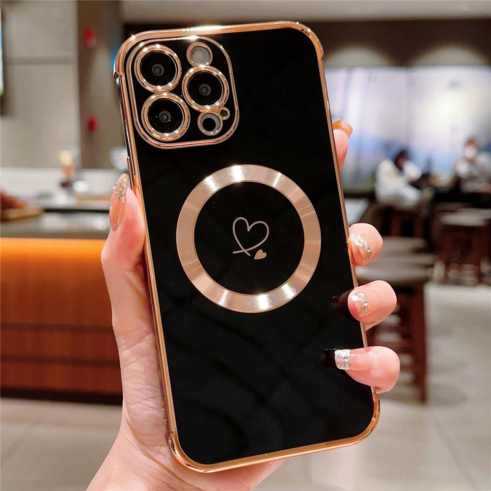 For iPhone 14 Pro Case Compatible with MagSafe Electroplated TPU Phone Cover Hollow Love Hearts - Black
