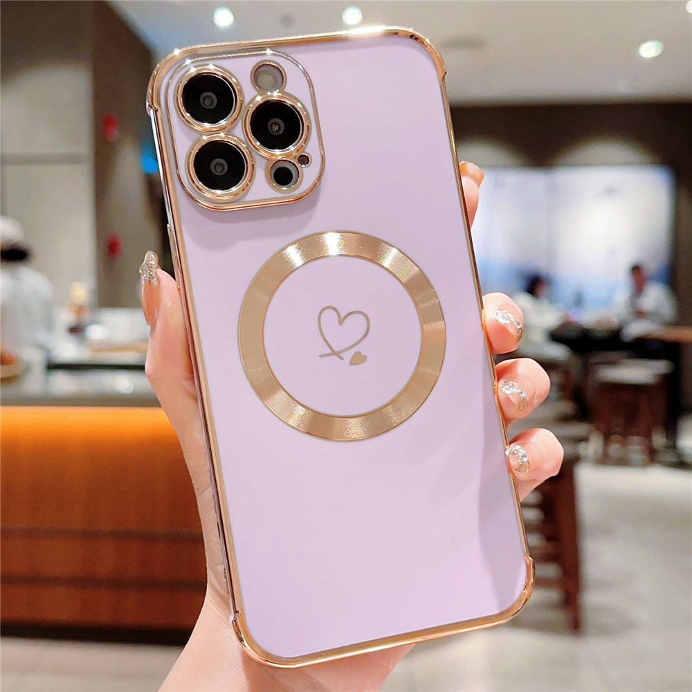 For iPhone 14 Pro Max Case Compatible with MagSafe Electroplated TPU Phone Cover Hollow Love Hearts -  Lavender Purple