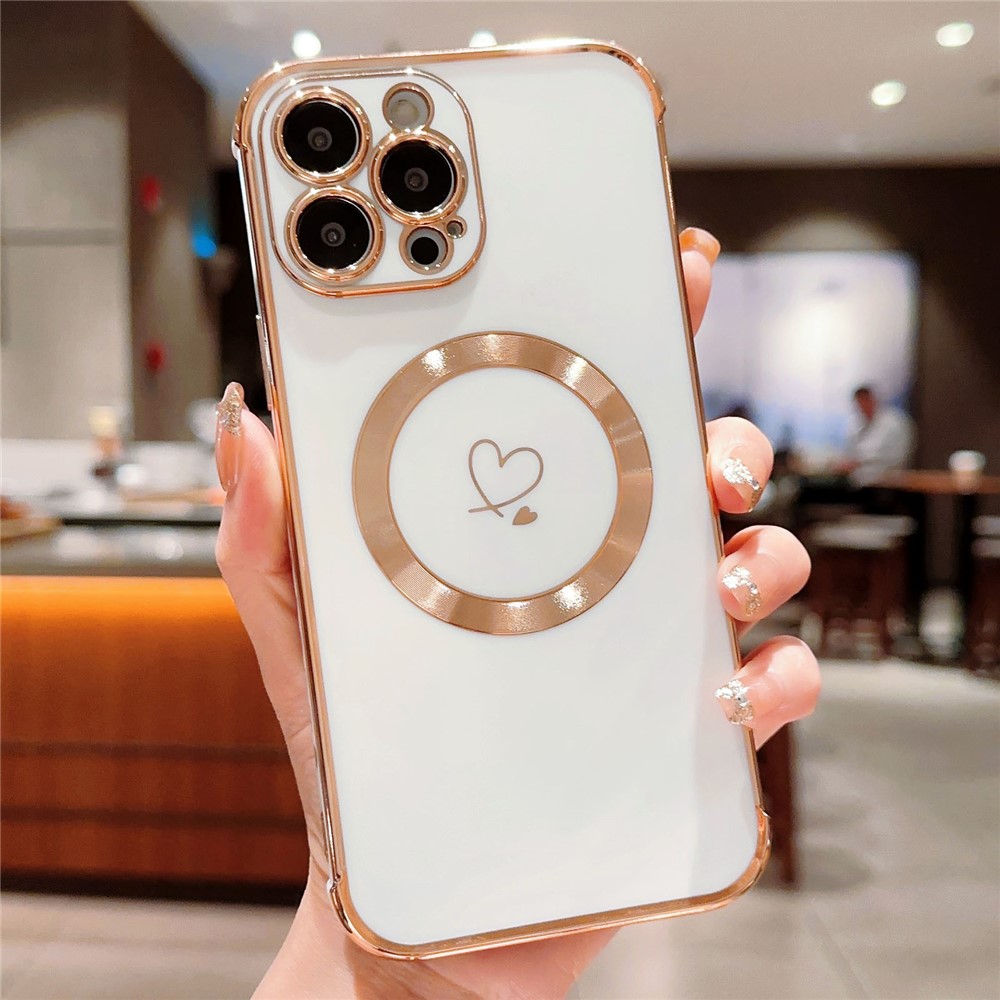 For iPhone 13 Pro Max Case Compatible with MagSafe Electroplated TPU Phone Cover Hollow Love Hearts - Ivory White