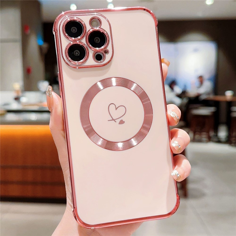For iPhone 13 Pro Max Case Compatible with MagSafe Electroplated TPU Phone Cover Hollow Love Hearts - Rose Pink
