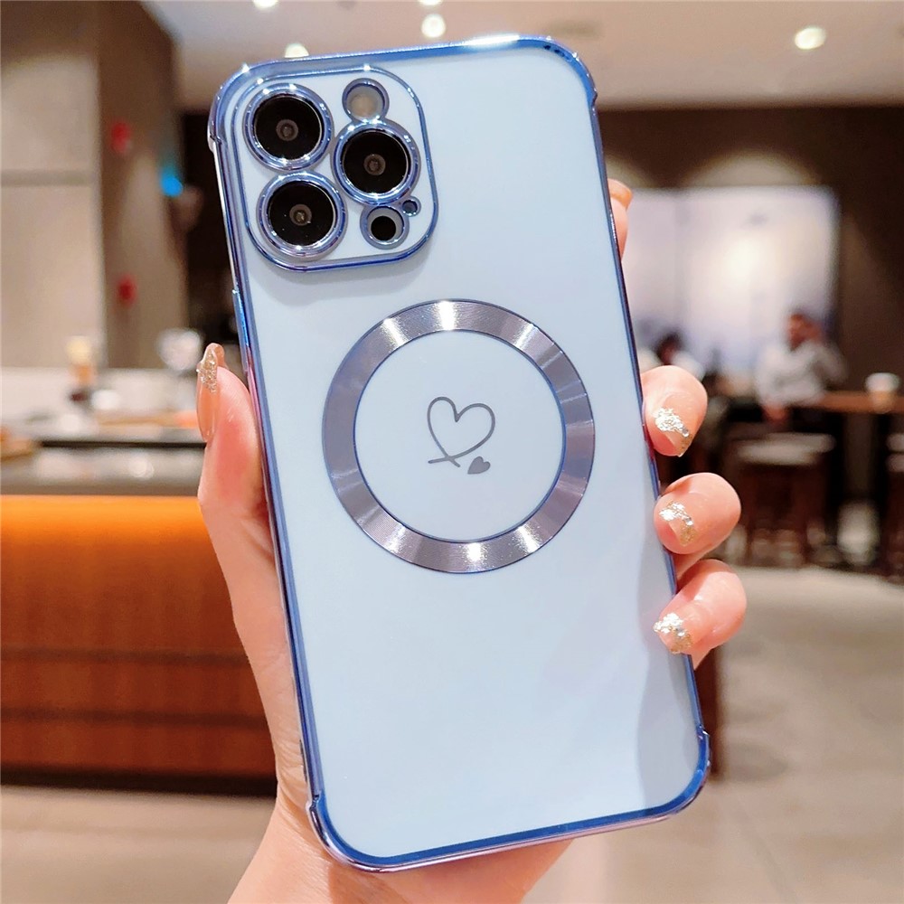 For iPhone 13 Pro Max Case Compatible with MagSafe Electroplated TPU Phone Cover Hollow Love Hearts - Blue