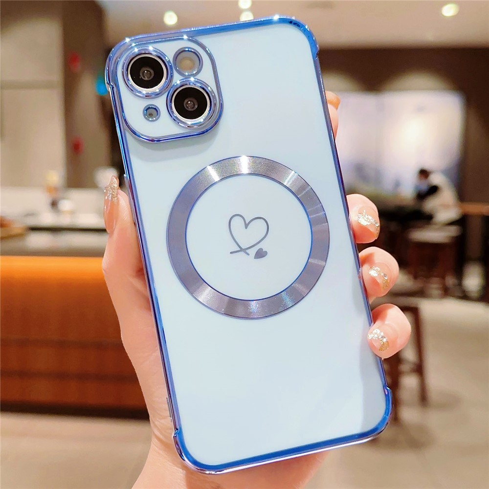 For iPhone 14 Case Compatible with MagSafe Electroplated TPU Phone Cover Hollow Love Hearts - Blue