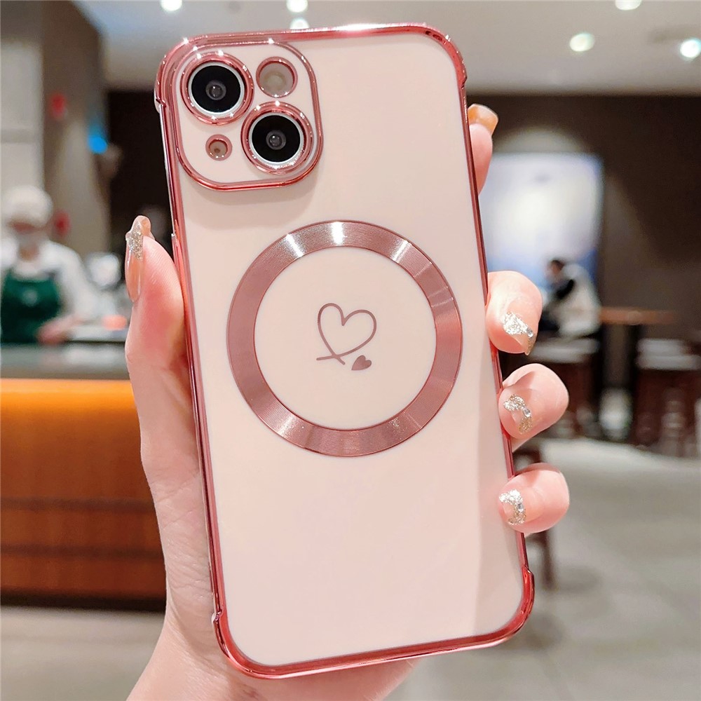 For iPhone 14 Case Compatible with MagSafe Electroplated TPU Phone Cover Hollow Love Hearts - Rose Pink