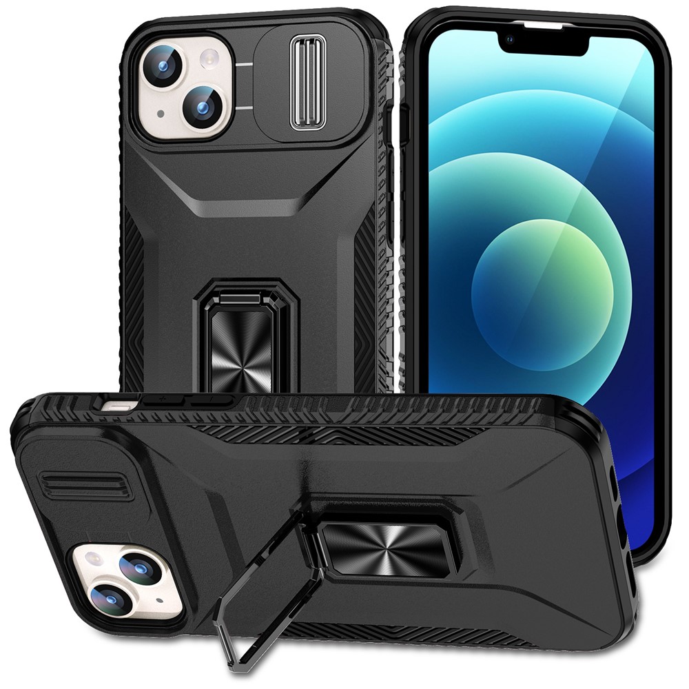 For iPhone 15 Plus / 14 Plus Case Camshield Kickstand TPU+PC Anti-Slip Phone Cover - Black