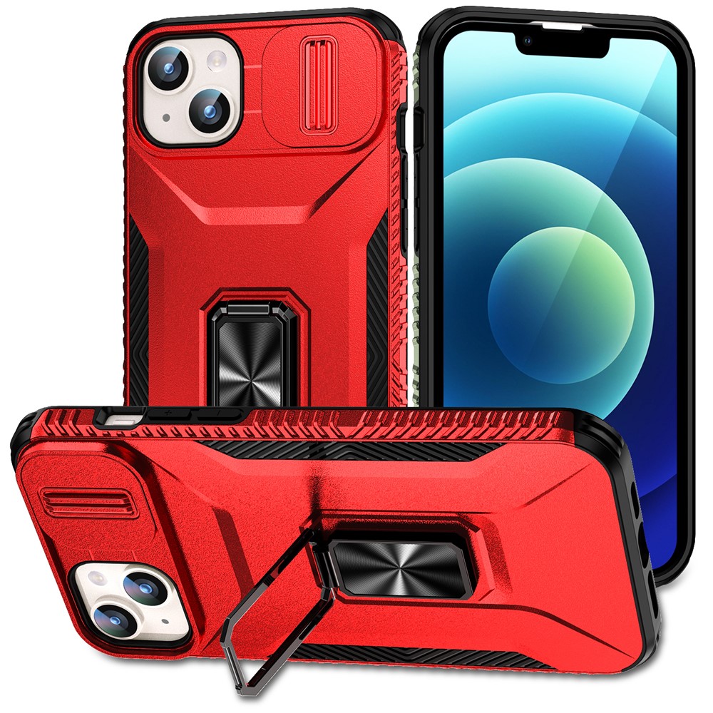 For iPhone 15 Plus / 14 Plus Case Camshield Kickstand TPU+PC Anti-Slip Phone Cover - Red