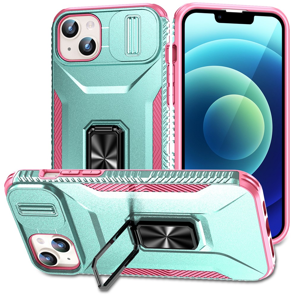 For iPhone 15 Plus / 14 Plus Case Camshield Kickstand TPU+PC Anti-Slip Phone Cover - Grey Green+Pink