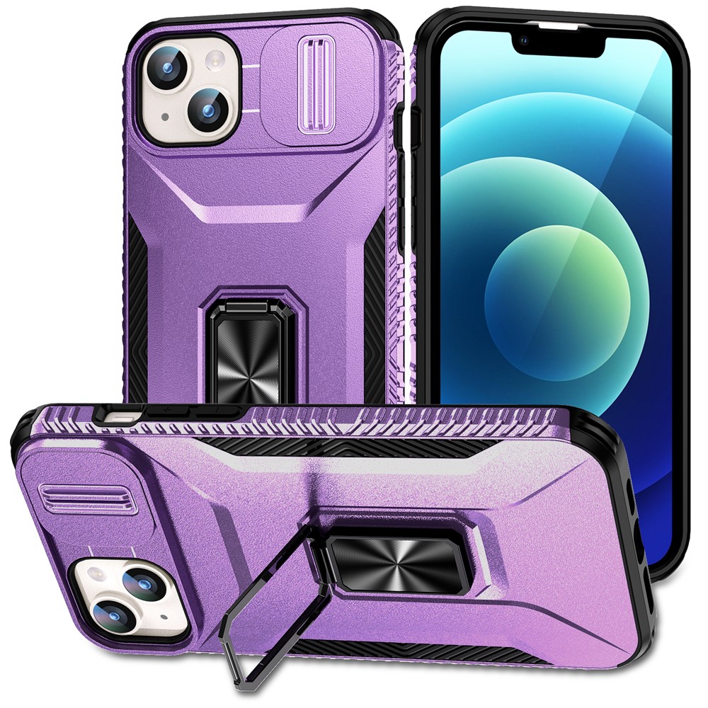 For iPhone 15 Plus / 14 Plus Case Camshield Kickstand TPU+PC Anti-Slip Phone Cover - Purple