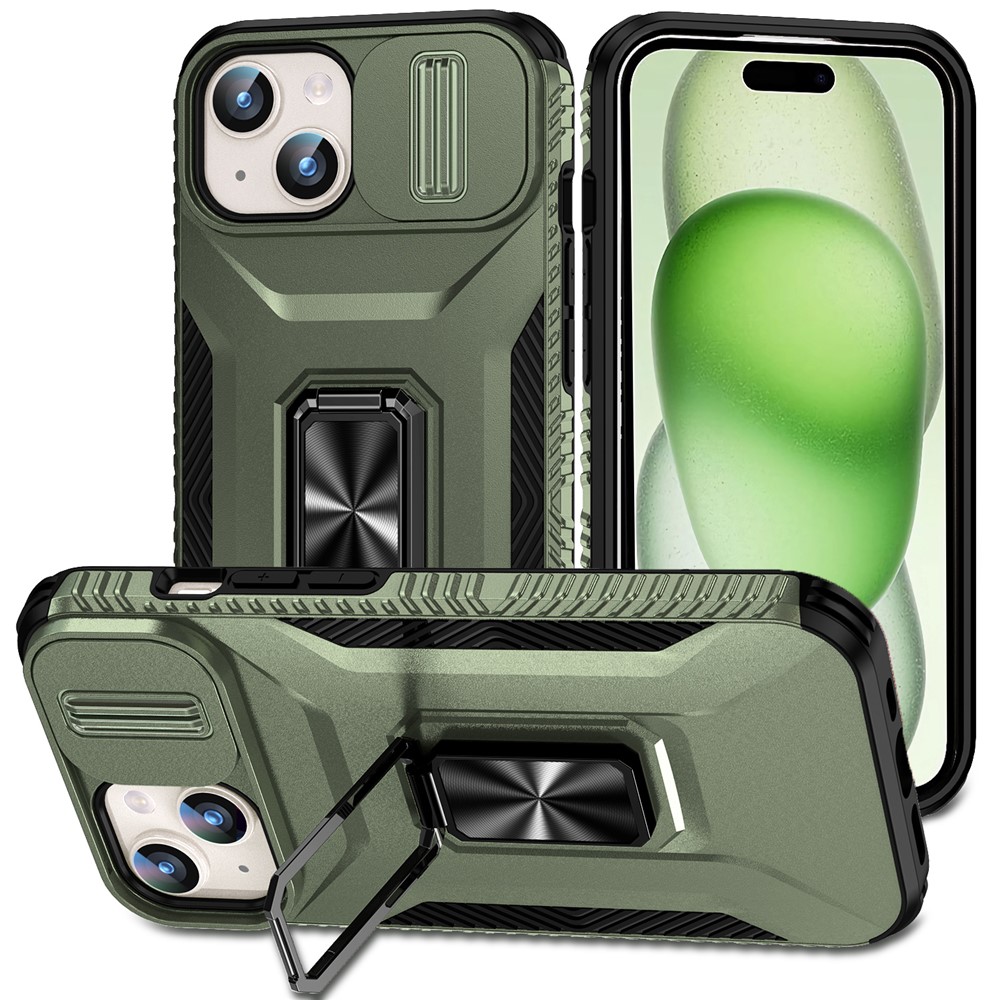 For iPhone 15 Case Camshield Kickstand TPU+PC Anti-Slip Phone Cover - Green