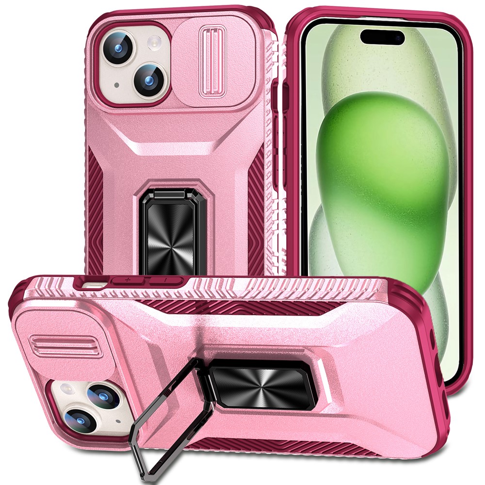 For iPhone 15 Case Camshield Kickstand TPU+PC Anti-Slip Phone Cover - Pink+Wine Red