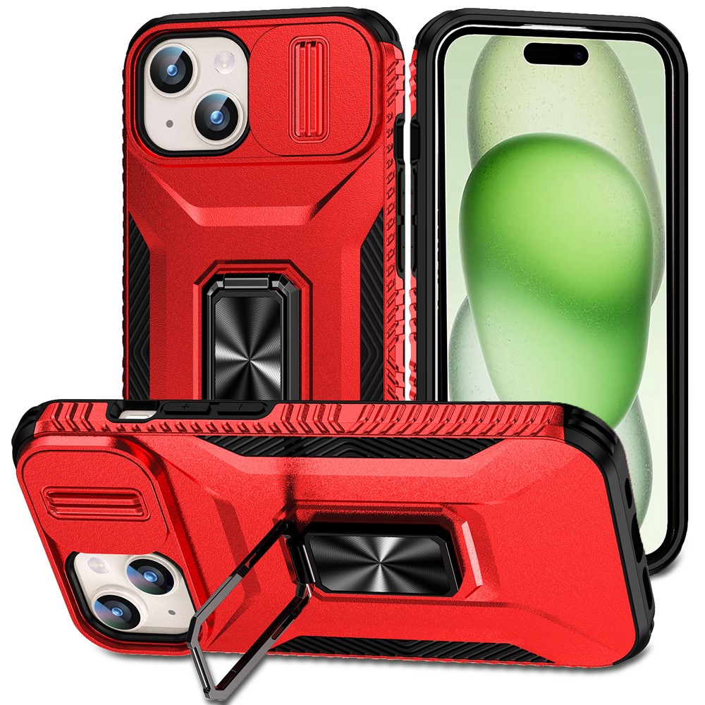 For iPhone 15 Case Camshield Kickstand TPU+PC Anti-Slip Phone Cover - Red