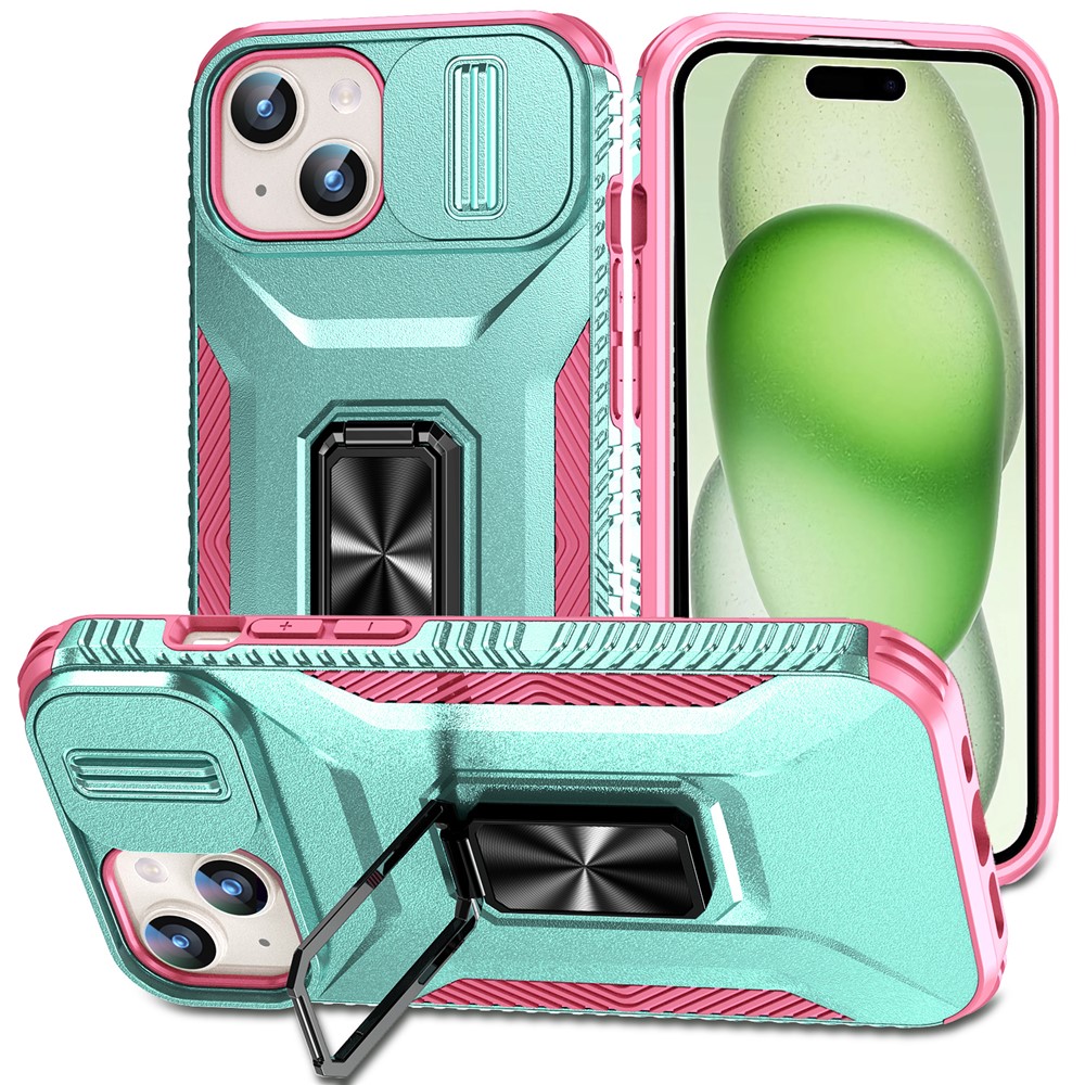 For iPhone 15 Case Camshield Kickstand TPU+PC Anti-Slip Phone Cover - Grey Green+Pink