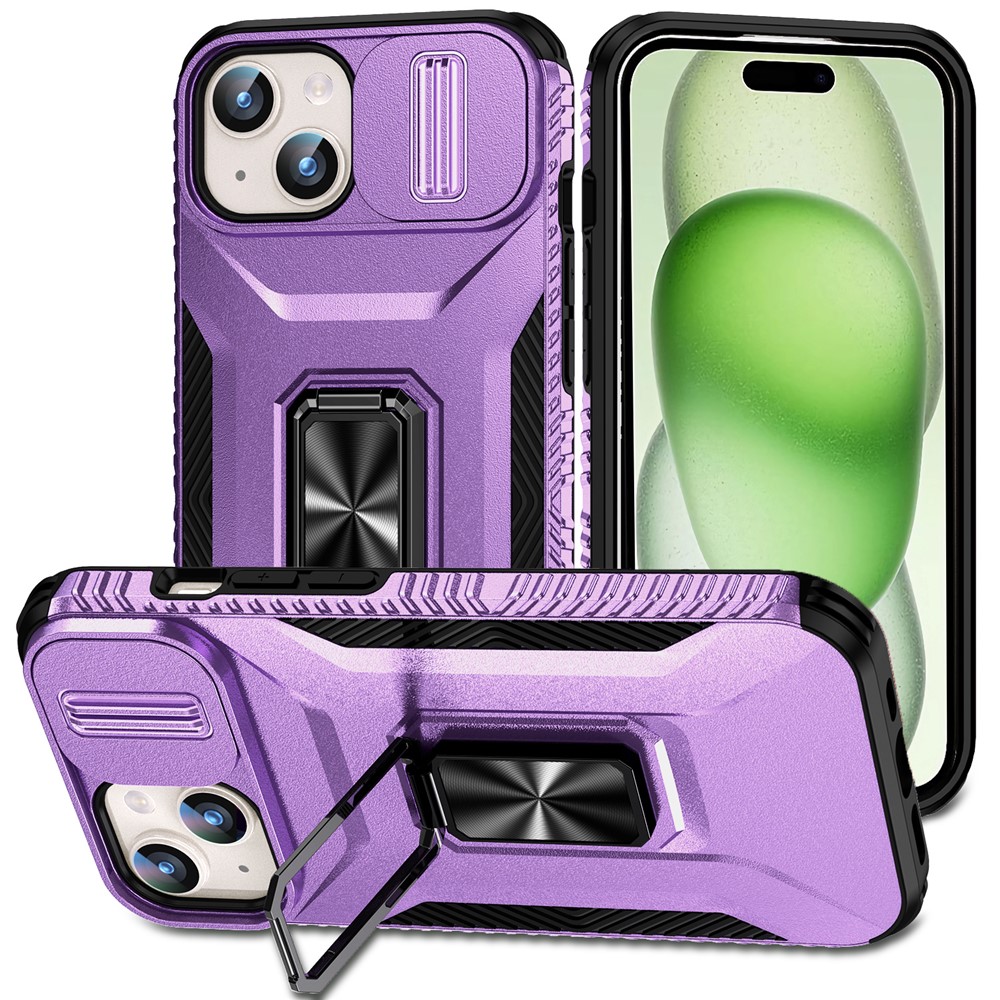 For iPhone 15 Case Camshield Kickstand TPU+PC Anti-Slip Phone Cover - Purple