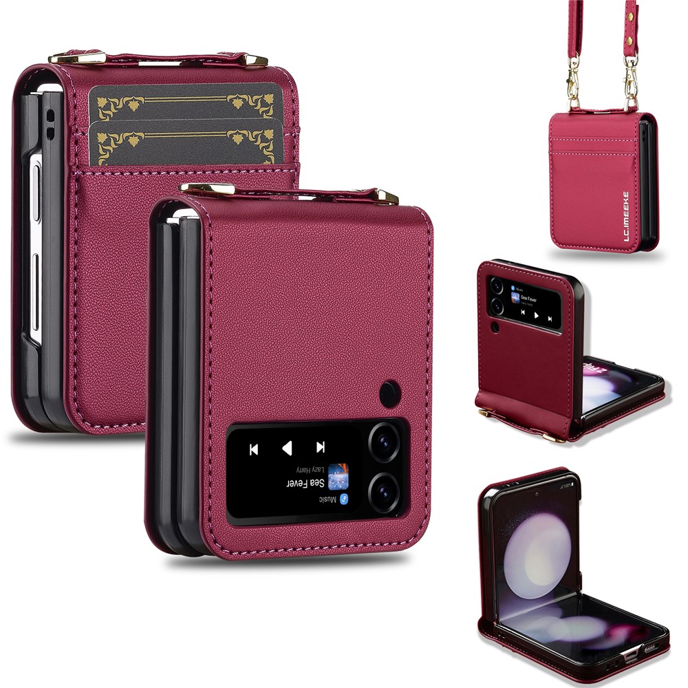 LC.IMEEKE for Samsung Galaxy Z Flip4 5G Case Leather+PC Phone Cover with Straps Card Slots - Red