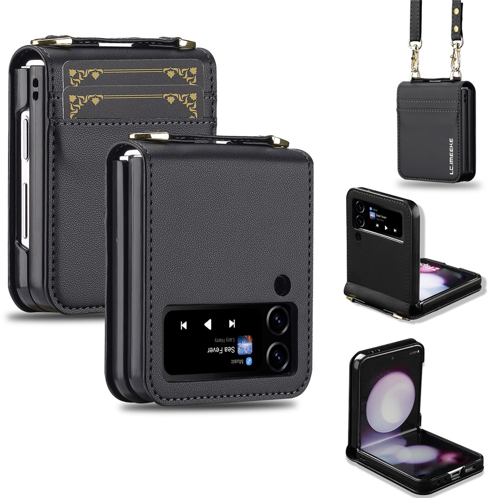 LC.IMEEKE for Samsung Galaxy Z Flip4 5G Case Leather+PC Phone Cover with Straps Card Slots - Black