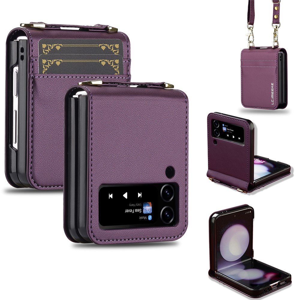 LC.IMEEKE for Samsung Galaxy Z Flip4 5G Case Leather+PC Phone Cover with Straps Card Slots - Purple