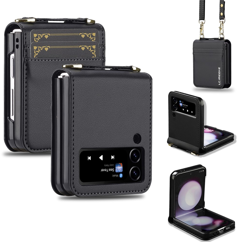 LC.IMEEKE for Samsung Galaxy Z Flip3 5G Case Leather+PC Phone Cover with Straps Card Slots - Black