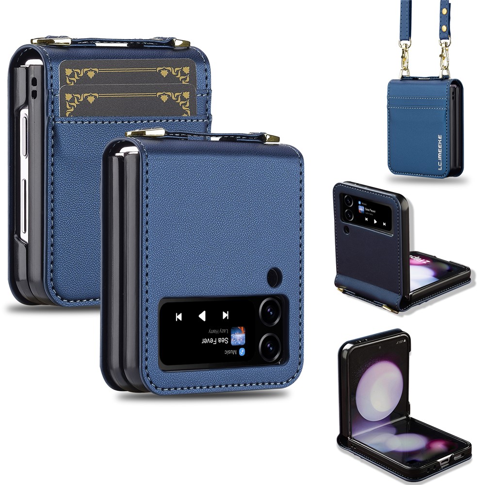 LC.IMEEKE for Samsung Galaxy Z Flip3 5G Case Leather+PC Phone Cover with Straps Card Slots - Blue