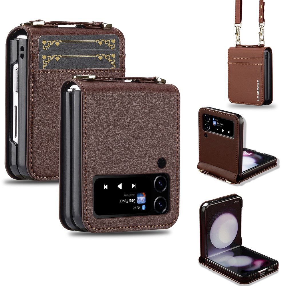 LC.IMEEKE for Samsung Galaxy Z Flip3 5G Case Leather+PC Phone Cover with Straps Card Slots - Brown