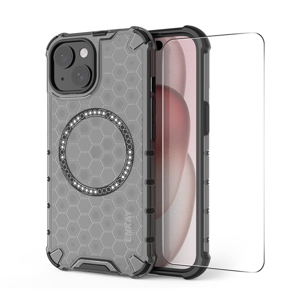 For iPhone 14 Plus ENKAY Hat-Prince Magnetic Case Honeycomb Design TPU+PC Phone Cover + Large Arc Edge Screen Protector - Grey