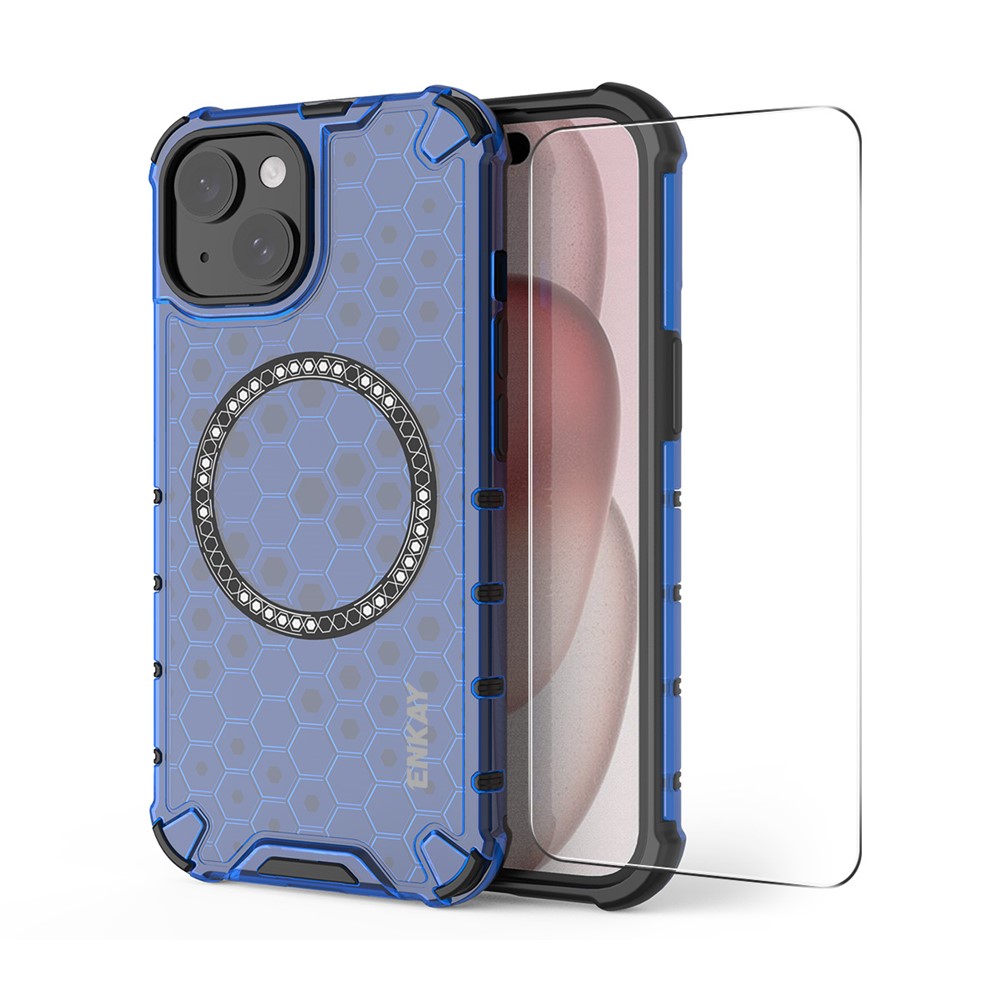 For iPhone 14 Plus ENKAY Hat-Prince Magnetic Case Honeycomb Design TPU+PC Phone Cover + Large Arc Edge Screen Protector - Blue