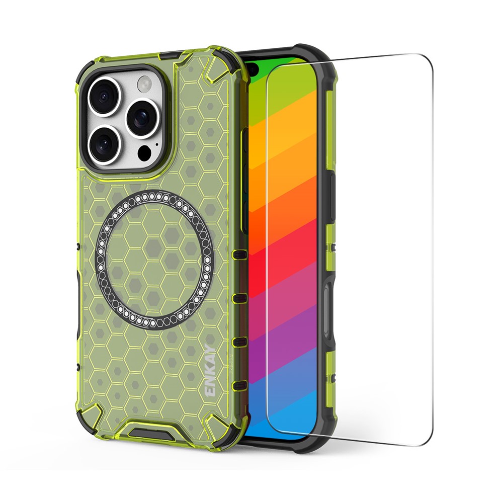 For iPhone 15 Pro Max ENKAY Hat-Prince Magnetic Case Honeycomb Design TPU+PC Phone Cover + Large Arc Edge Screen Protector - Green