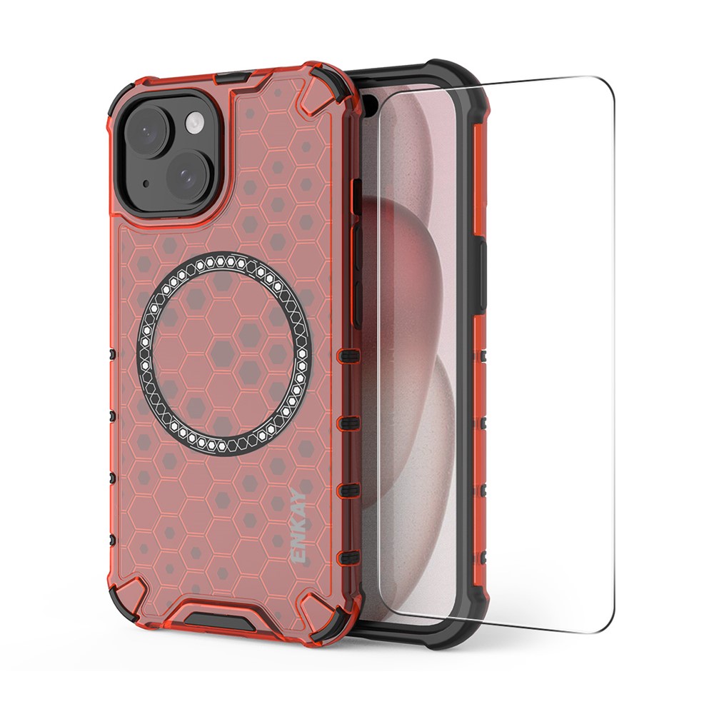 For iPhone 14 ENKAY Hat-Prince Magnetic Case Honeycomb Design TPU+PC Phone Cover + Large Arc Edge Screen Protector - Red