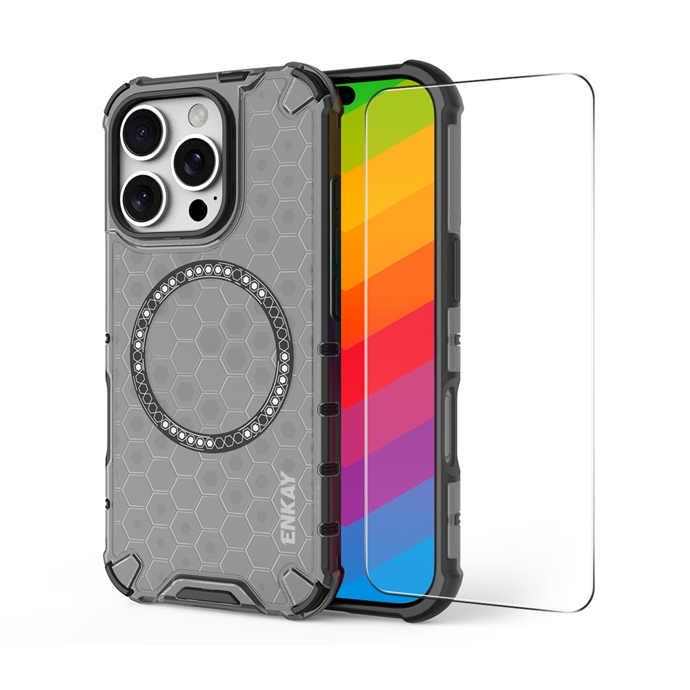 For iPhone 14 Pro ENKAY Hat-Prince Magnetic Case Honeycomb Design TPU+PC Phone Cover + Large Arc Edge Screen Protector - Grey