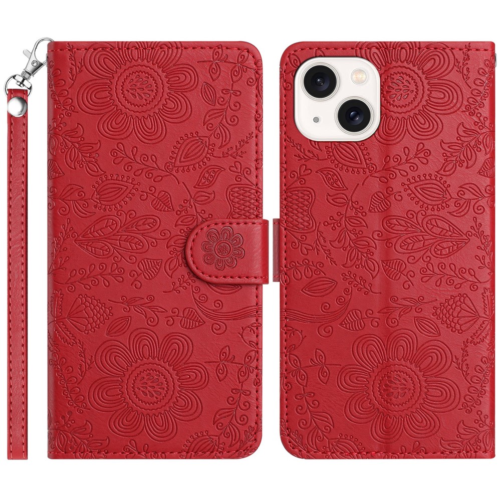 For iPhone 14 / 13 Case Flower Imprint Leather Flip Wallet Phone Cover with Wrist Strap - Red