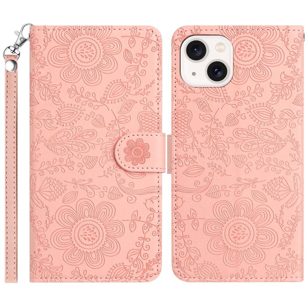 For iPhone 14 / 13 Case Flower Imprint Leather Flip Wallet Phone Cover with Wrist Strap - Pink