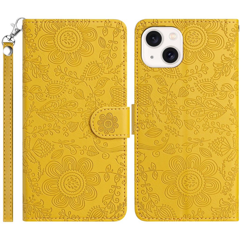 For iPhone 14 / 13 Case Flower Imprint Leather Flip Wallet Phone Cover with Wrist Strap - Yellow