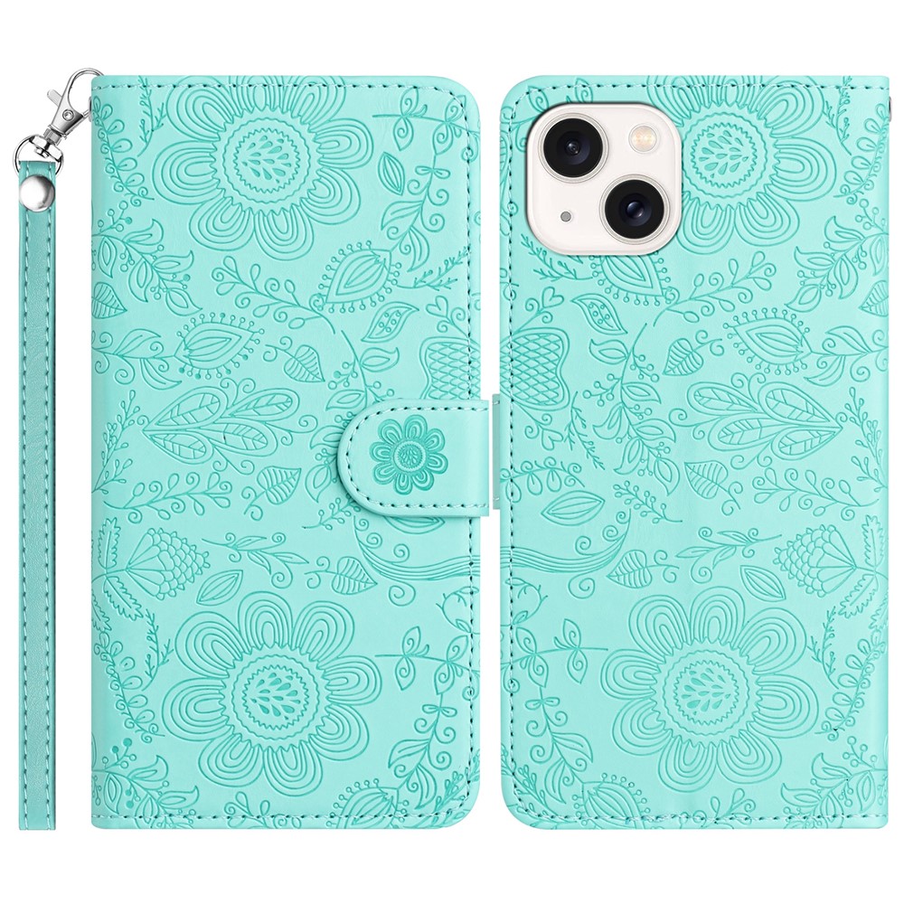 For iPhone 14 / 13 Case Flower Imprint Leather Flip Wallet Phone Cover with Wrist Strap - Light Green