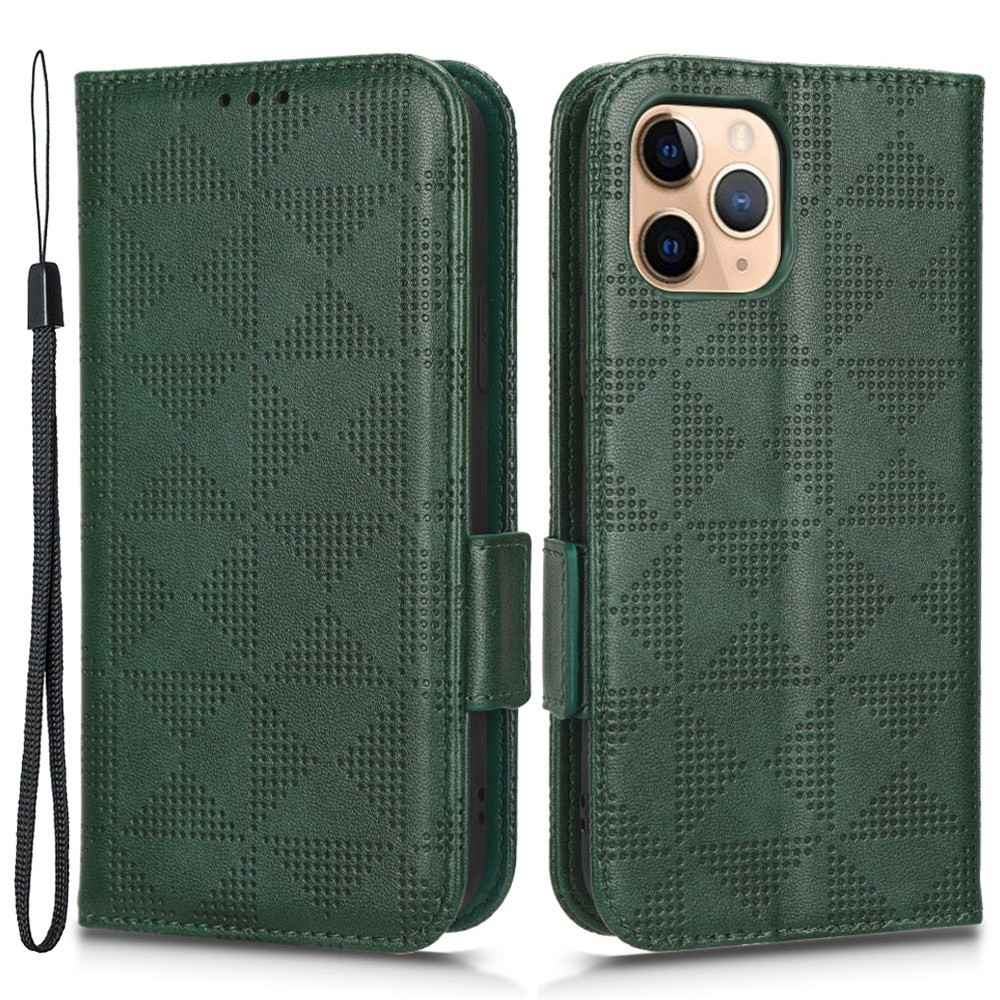 Anti-scratch Phone Case for iPhone 11 Pro Max 6.5 inch, Triangle Pattern Imprinted Folio Flip Wallet Stand PU Leather Case with Strap - Green