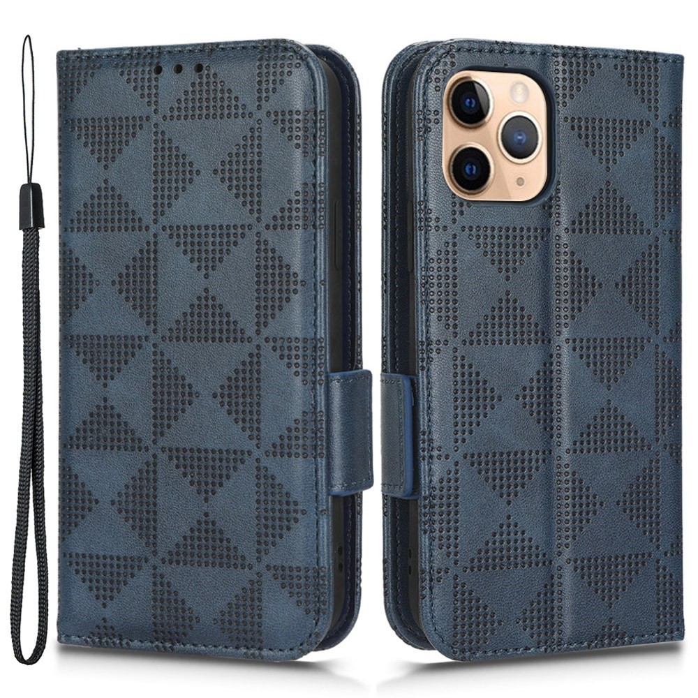 Anti-scratch Phone Case for iPhone 11 Pro Max 6.5 inch, Triangle Pattern Imprinted Folio Flip Wallet Stand PU Leather Case with Strap - Blue