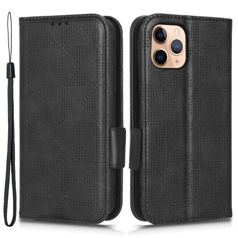 Anti-scratch Phone Case for iPhone 11 Pro Max 6.5 inch, Triangle Pattern Imprinted Folio Flip Wallet Stand PU Leather Case with Strap - Black
