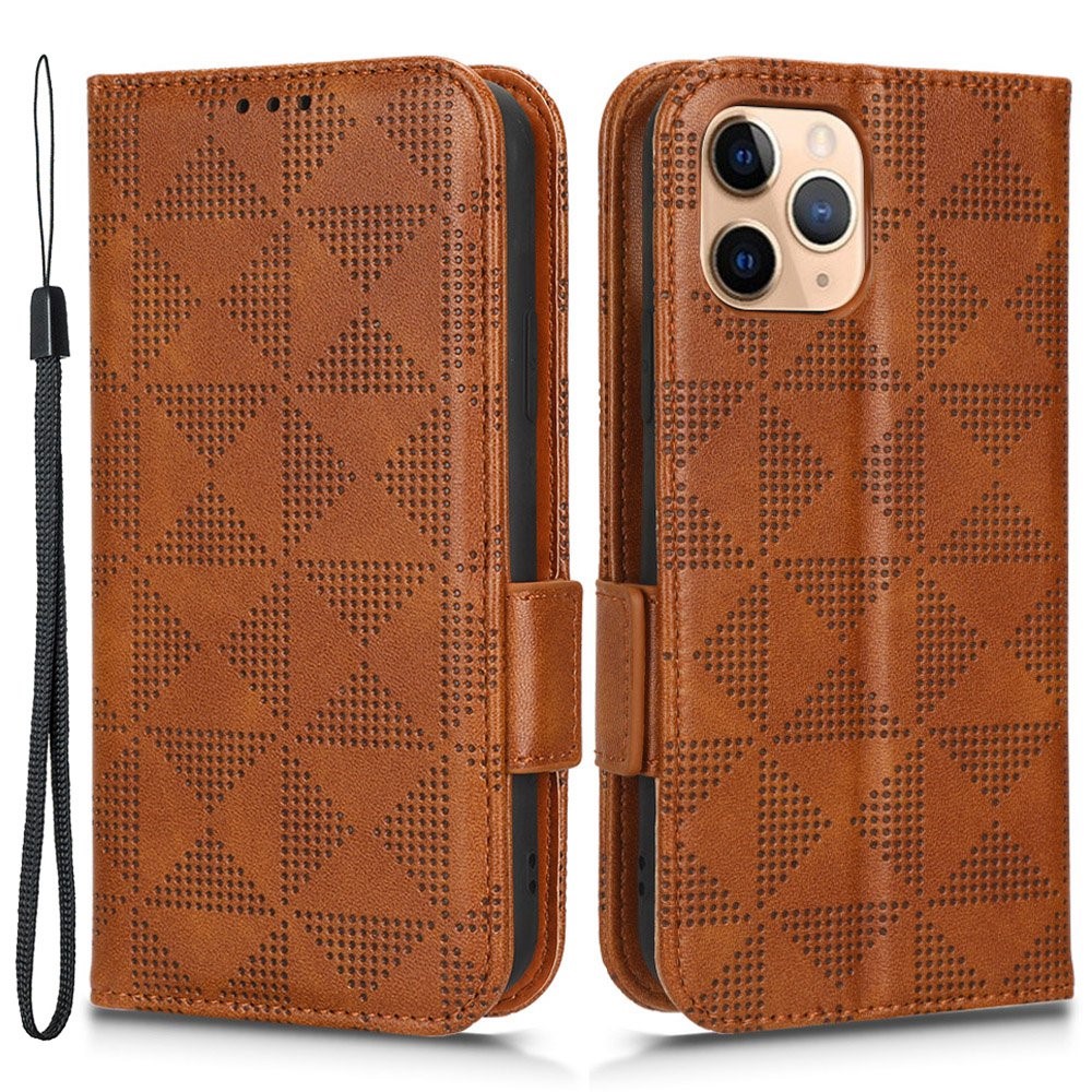 Anti-scratch Phone Case for iPhone 11 Pro Max 6.5 inch, Triangle Pattern Imprinted Folio Flip Wallet Stand PU Leather Case with Strap - Brown