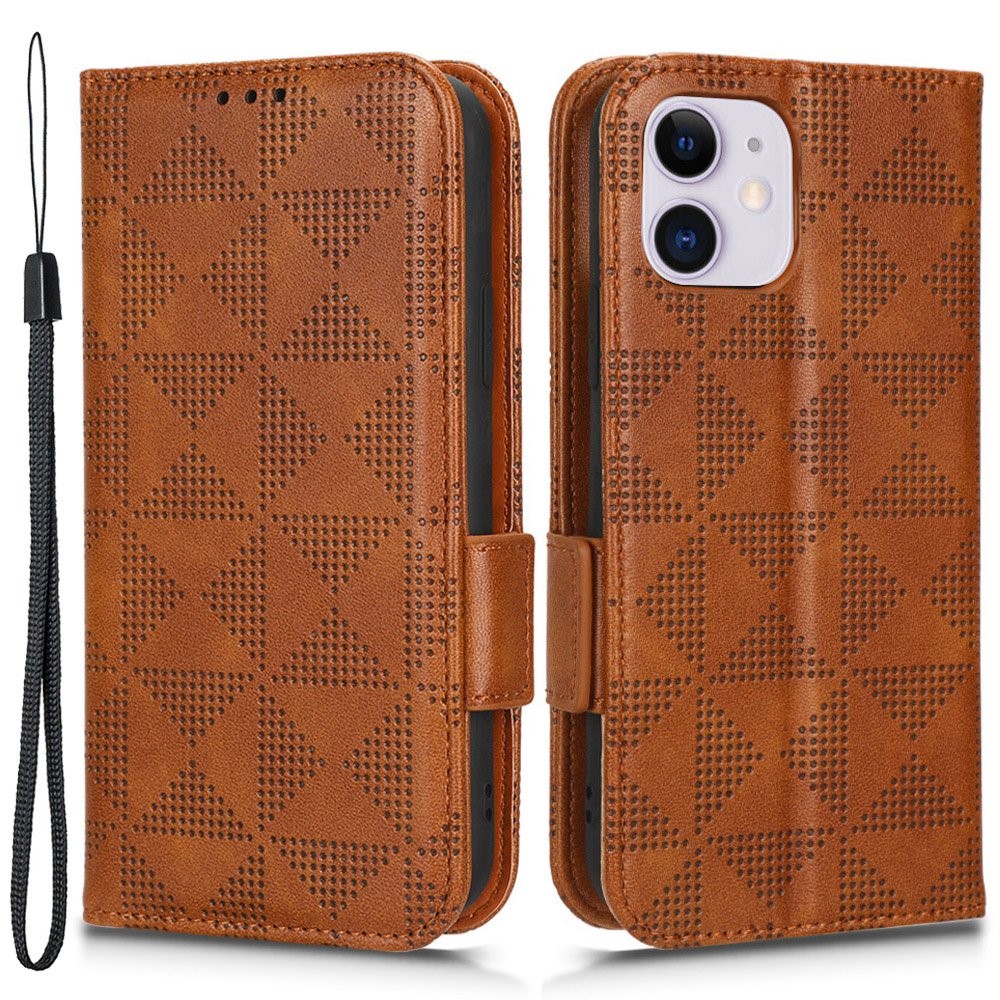 For iPhone 11 6.1 inch Imprinted Triangle Pattern Anti-shock Flip Phone Case Stand Wallet  PU Leather Cover with Strap - Brown