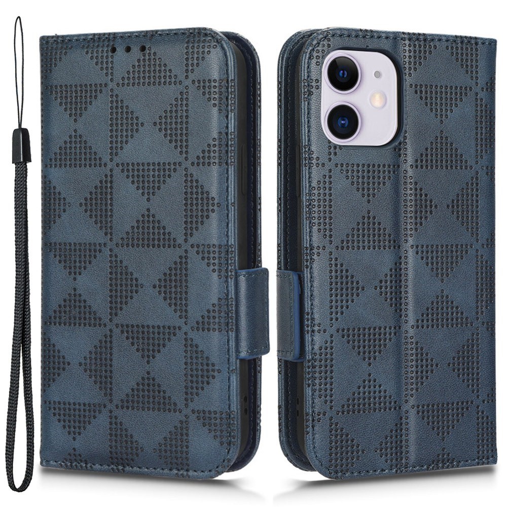 For iPhone 12 mini 5.4 inch Multifunction Wallet PU Leather Phone Cover Imprinted Triangle Pattern Anti-scratch Flip Phone Case with Supporting Stand - Blue