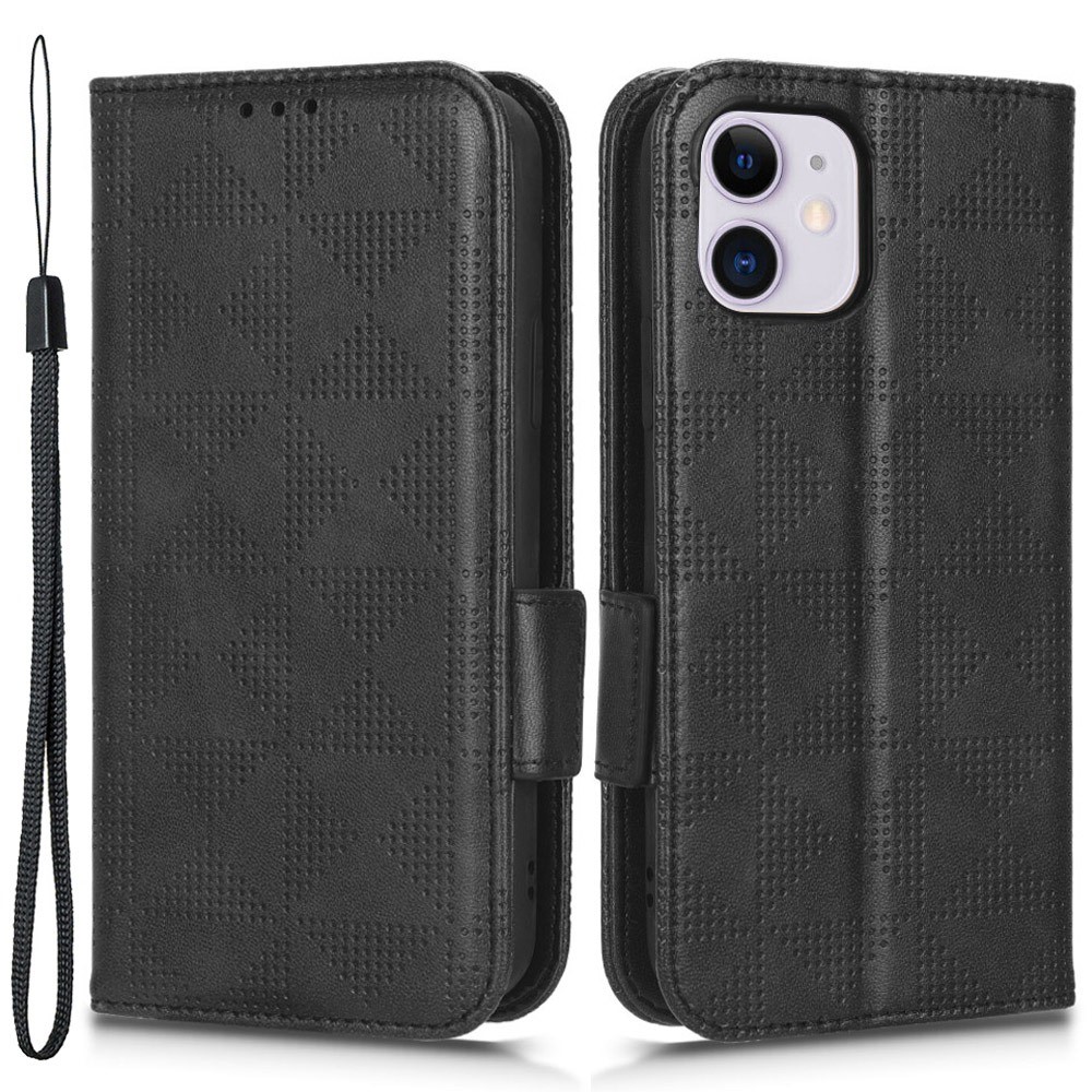 For iPhone 12 mini 5.4 inch Multifunction Wallet PU Leather Phone Cover Imprinted Triangle Pattern Anti-scratch Flip Phone Case with Supporting Stand - Black