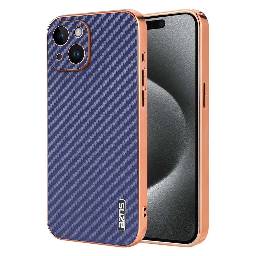AZNS For iPhone 15 Case Electroplating Carbon Fiber Texture PU+TPU Phone Cover - Blue