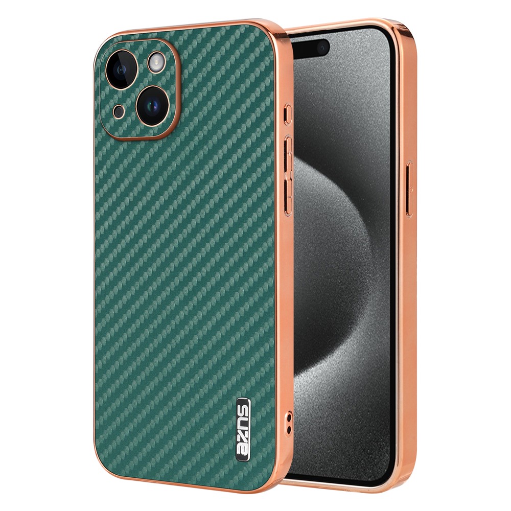 AZNS For iPhone 15 Case Electroplating Carbon Fiber Texture PU+TPU Phone Cover - Green