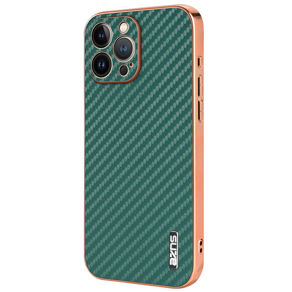 AZNS For iPhone 13 Pro Max Case Electroplating Carbon Fiber Texture PU+TPU Phone Cover - Green