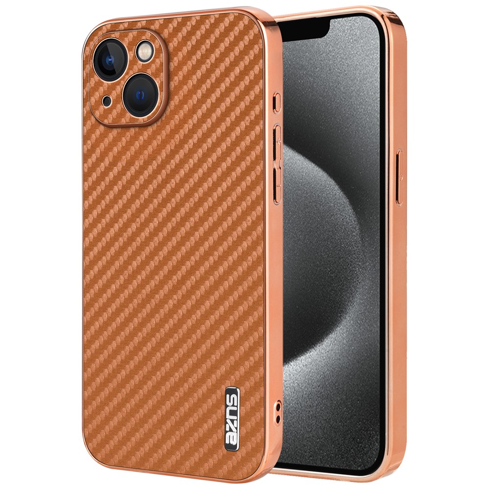 AZNS For iPhone 13 Case Electroplating Carbon Fiber Texture PU+TPU Phone Cover - Brown
